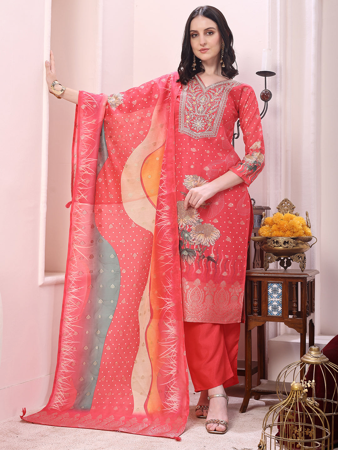 Full set view of a coral silk kurta with sequin embroidery, matching pants, and embroidered dupatta.