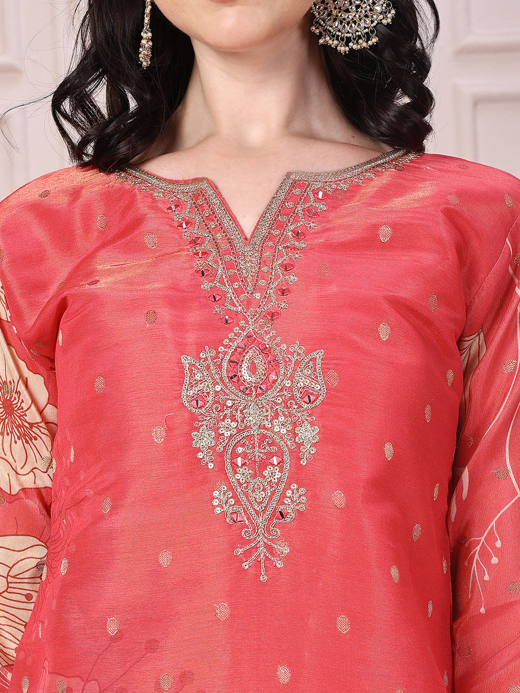 Coral Embroidered Yoke Floral Printed Kurta with Pant and Dupatta