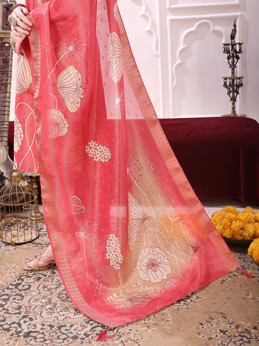 Coral Embroidered Yoke Floral Printed Kurta with Pant and Dupatta