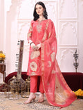 Coral silk kurta set with floral print and embroidered yoke, including coordinated pant and dupatta
