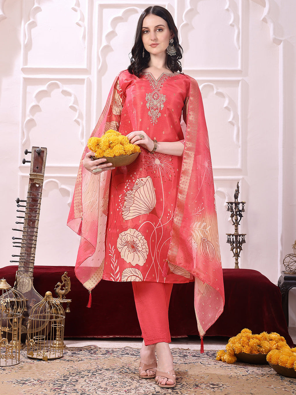 Coral Embroidered Yoke Floral Printed Kurta with Pant and Dupatta