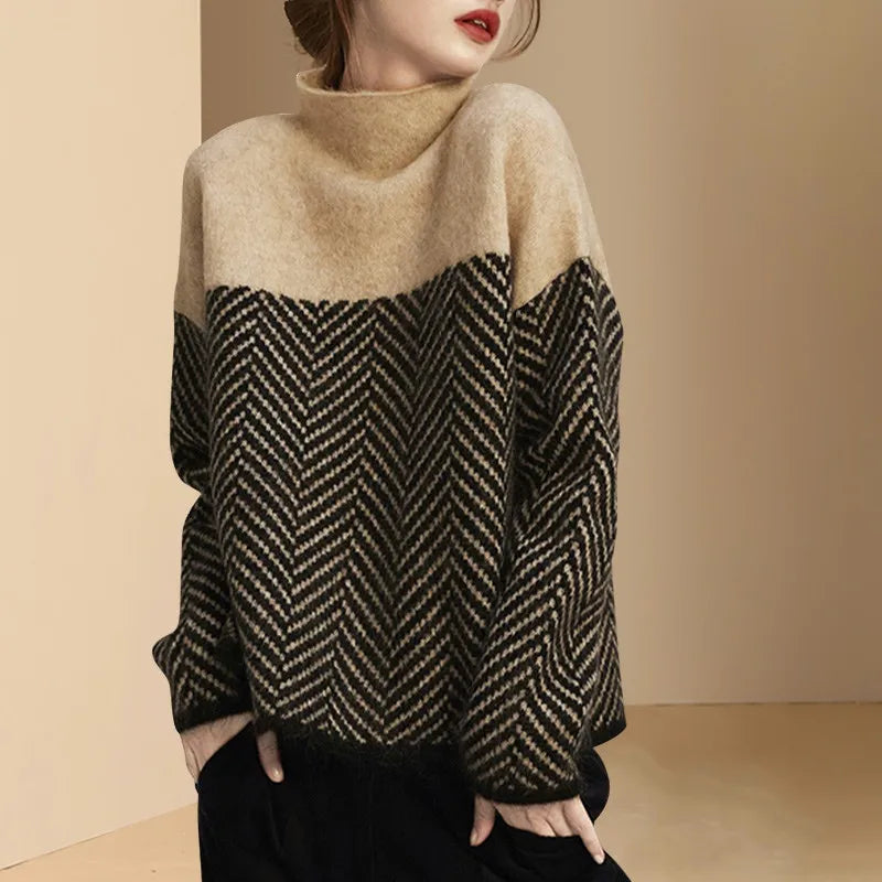 Women's Chevron Pattern Mock Neck Sweater Soft Knit Pullover - Image 21