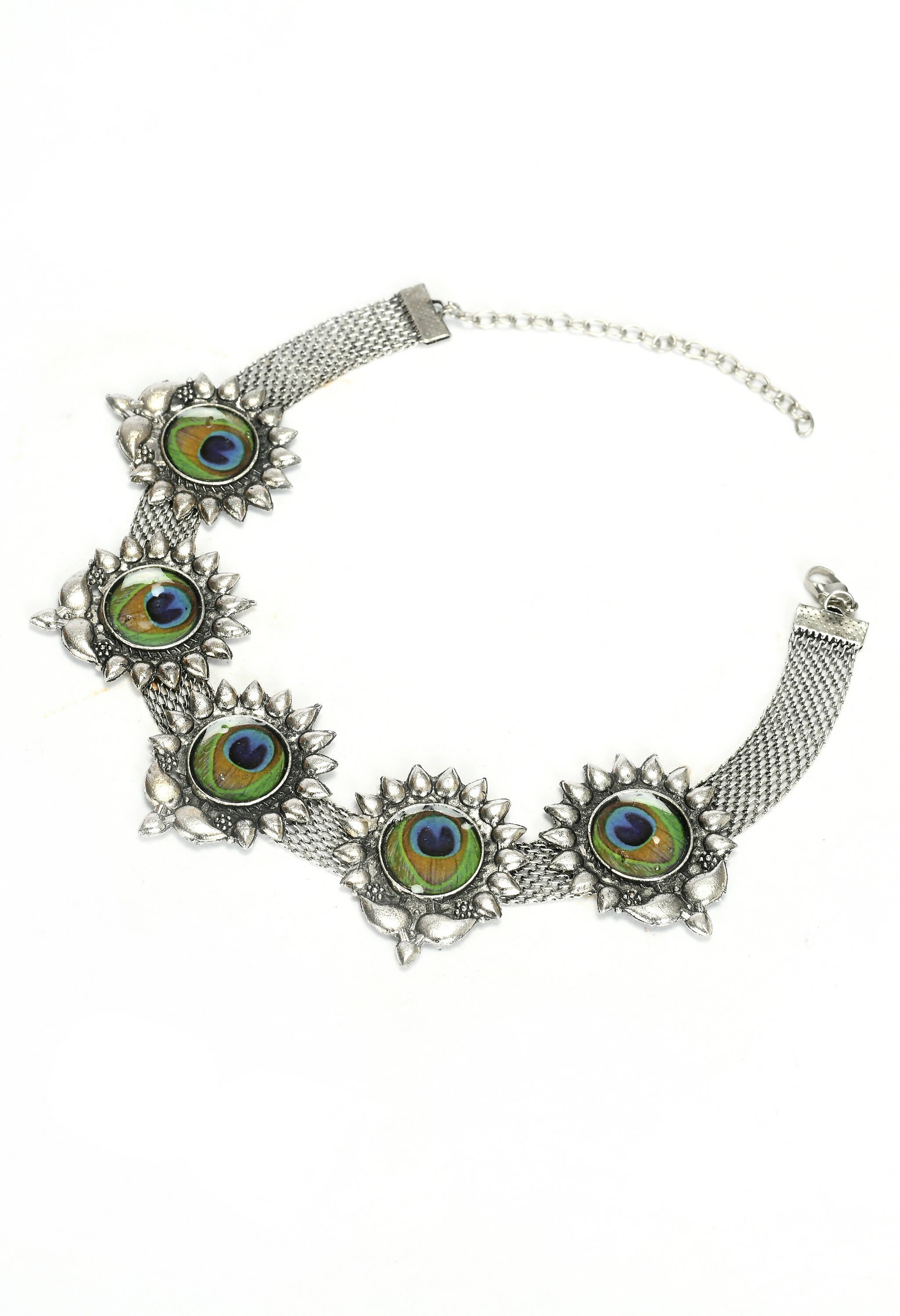 Oxidised Silver-Plated Peacock Wings Statement Choker