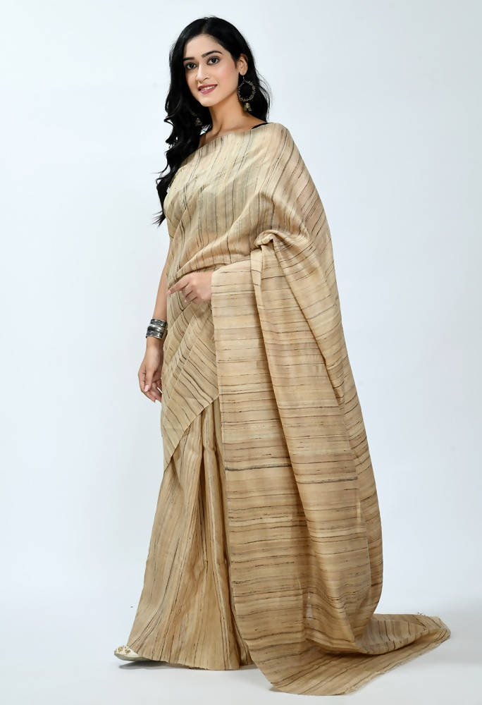 Golden Tussar Silk Saree with Brown Striped Pattern Ethnic Wear