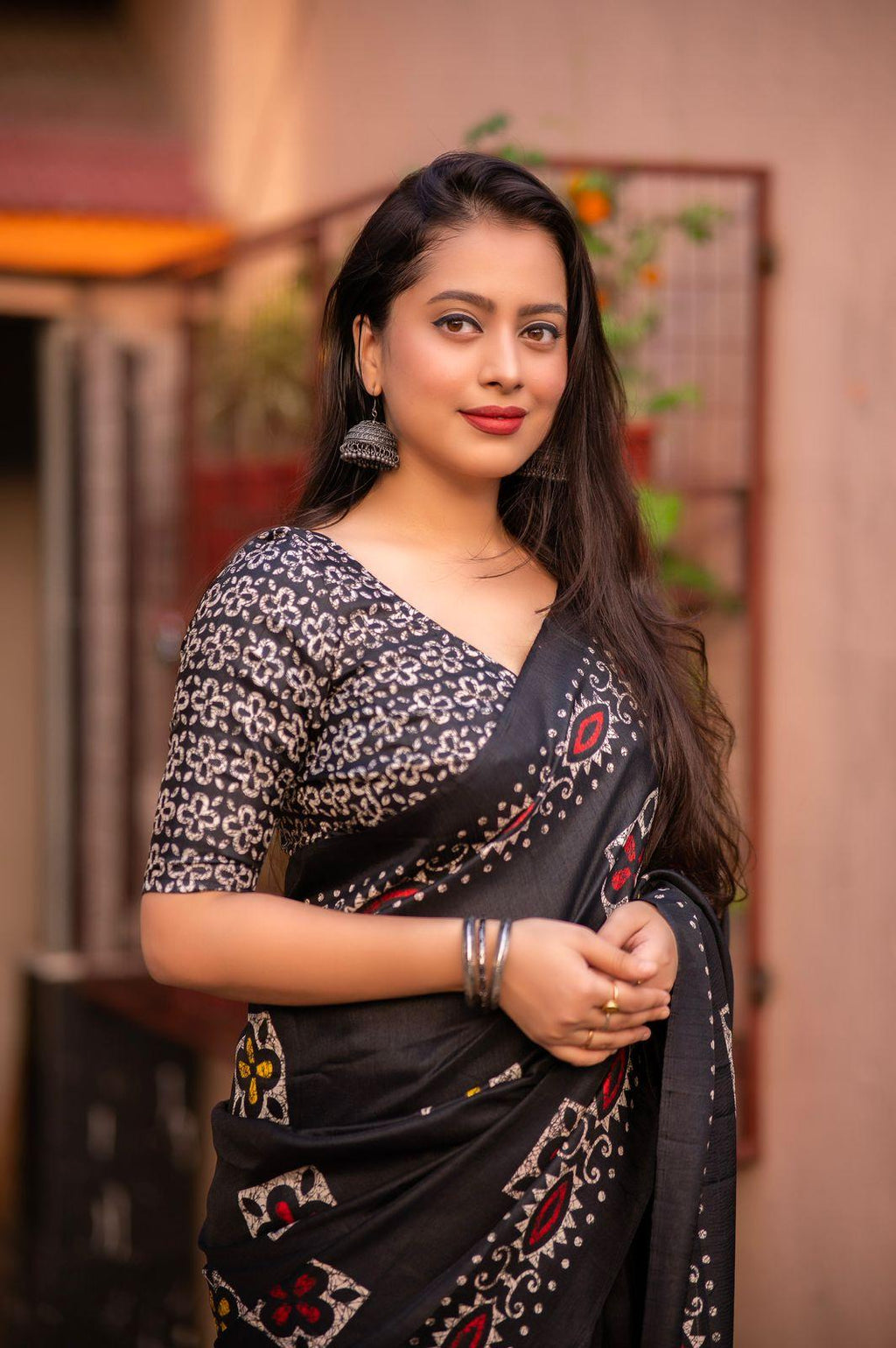 Black Silk Blend Saree with Batik Style Prints