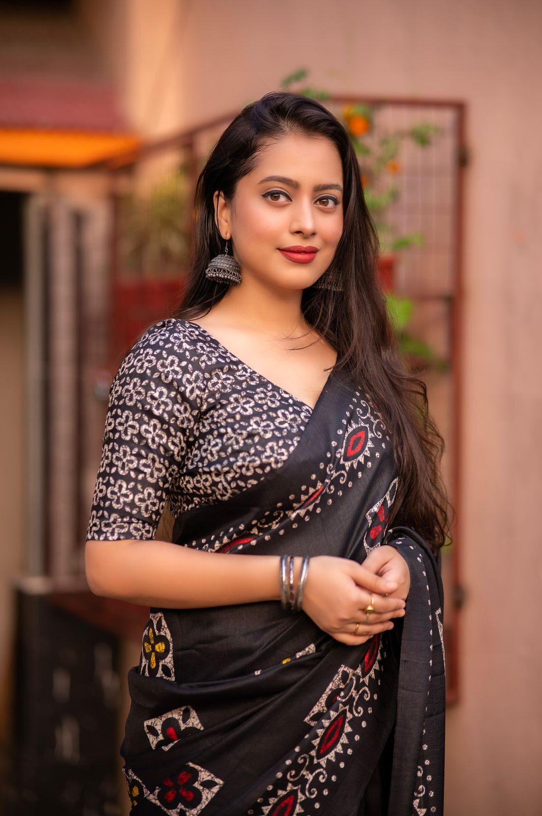 Black Silk Blend Saree with Batik Style Prints