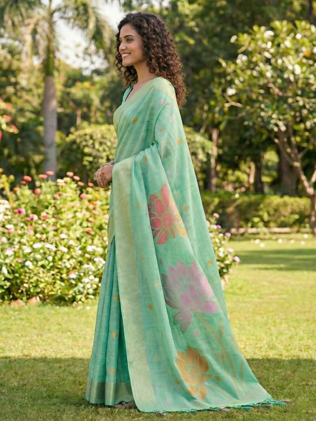 Sea Green Linen Cotton Saree with Matching Blouse Piece