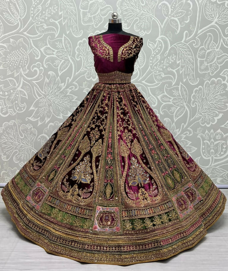 Purple Velvet Wedding Lehenga Choli with Zircon & Sequins Work