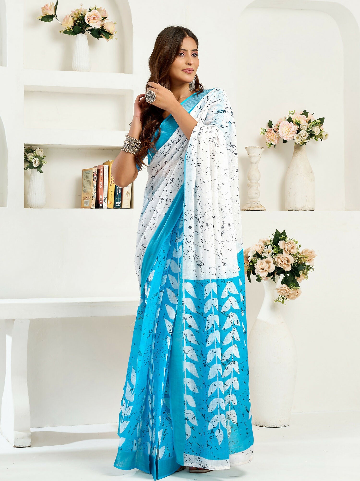 White Leaf Print Ready to Wear Linen Saree with Sky Blue Blouse
