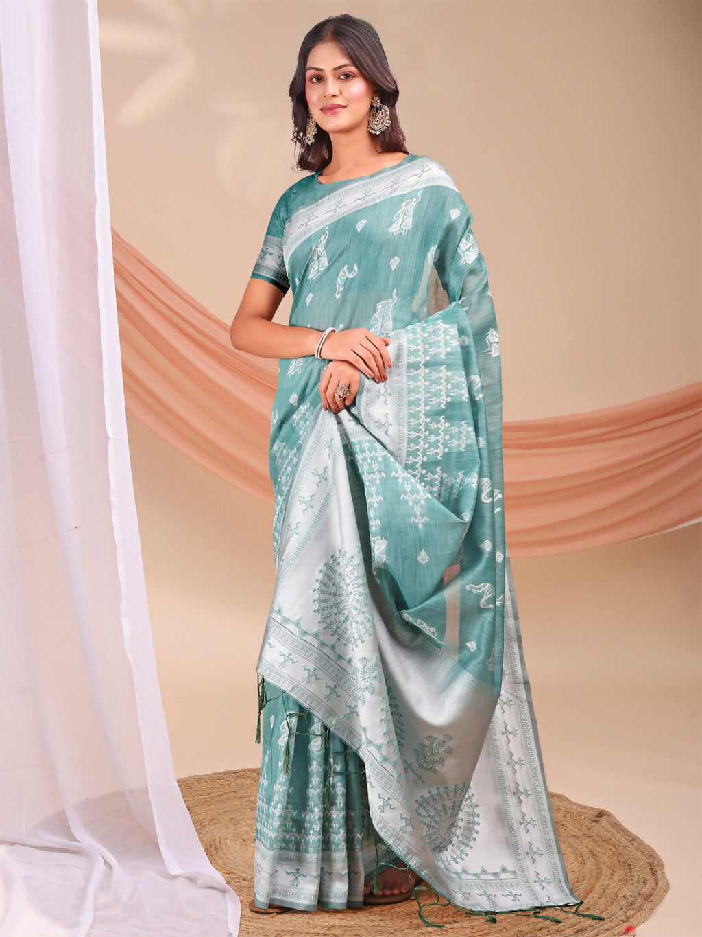Varnika Sea Green Linen Cotton Saree with Matching Blouse Piece