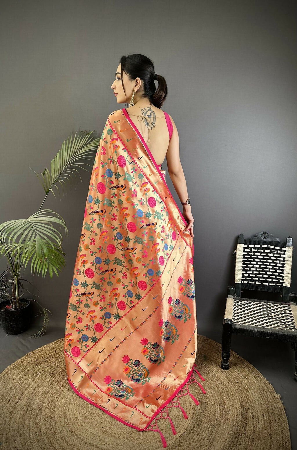 Pastel Red Mughal-Inspired Soft Silk Paithani Saree