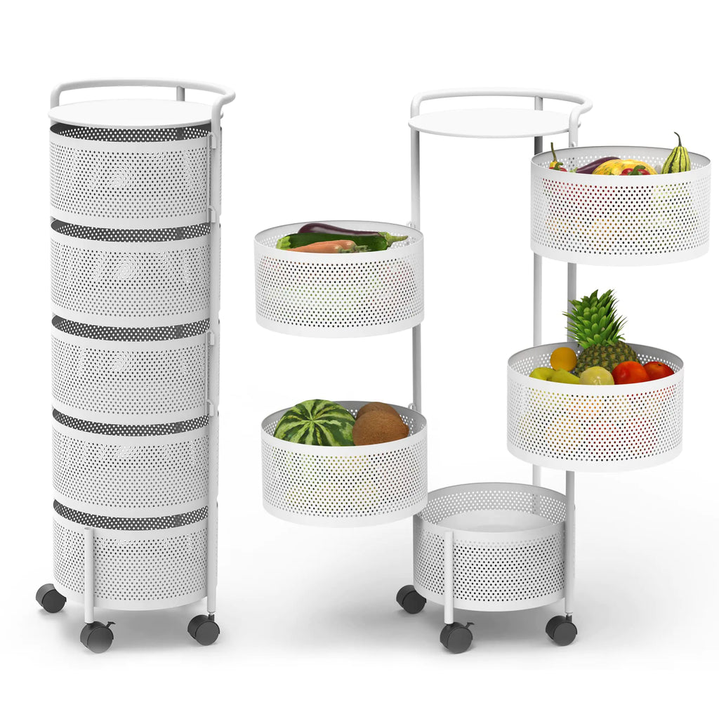 JAQ Rotating Fruit Basket 5-Tier Metal Sturdy Kitchen Storage Rack Shelf Carts No Assembly on Rolling Wheels for Fruit Vegetable Grocery Corns Potato Onion (White 5-Tier)
