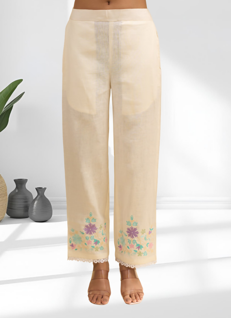 Cream Linen Embroidered Cord Set with V-Neck