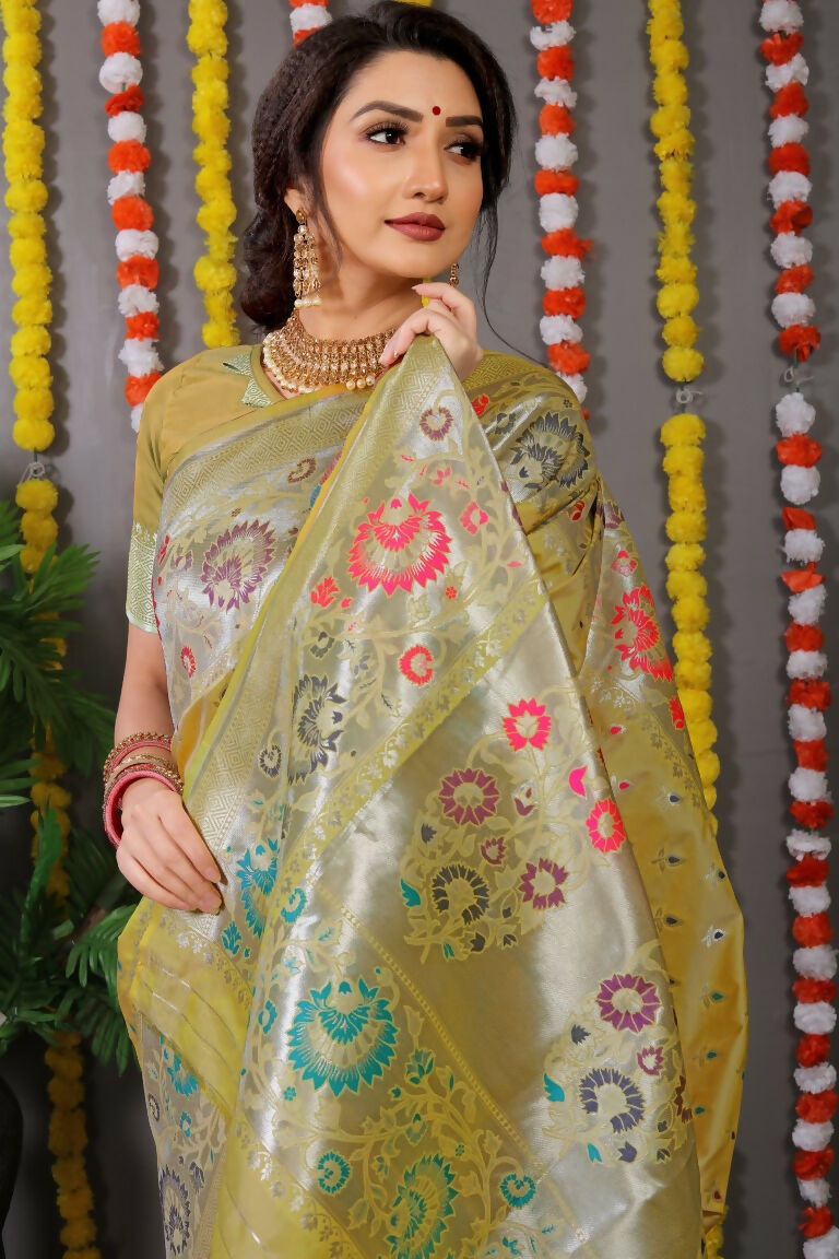 Mehndi Banarasi Silk Zari Woven Saree with Unstitched Blouse