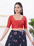 Pink Tissue fabric blouse with round neck, elbow sleeves, and front opening