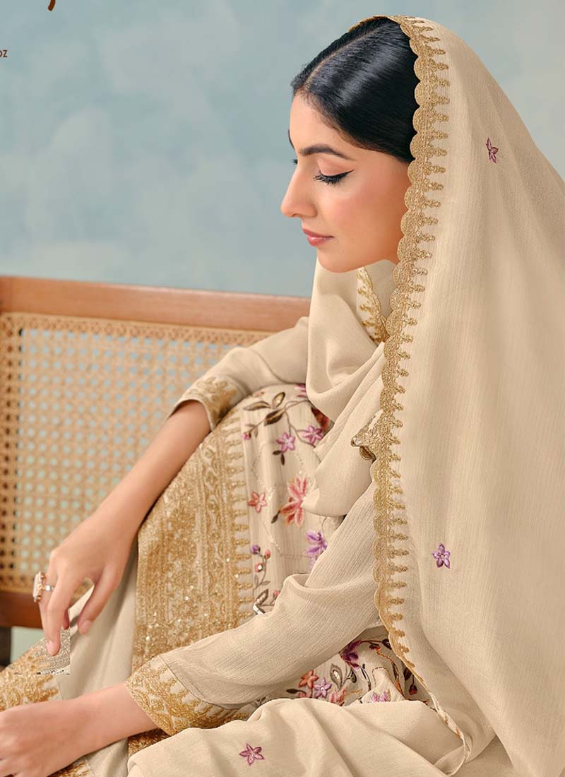 Cream Premium Chinon Embroidered Palazzo Suit Set