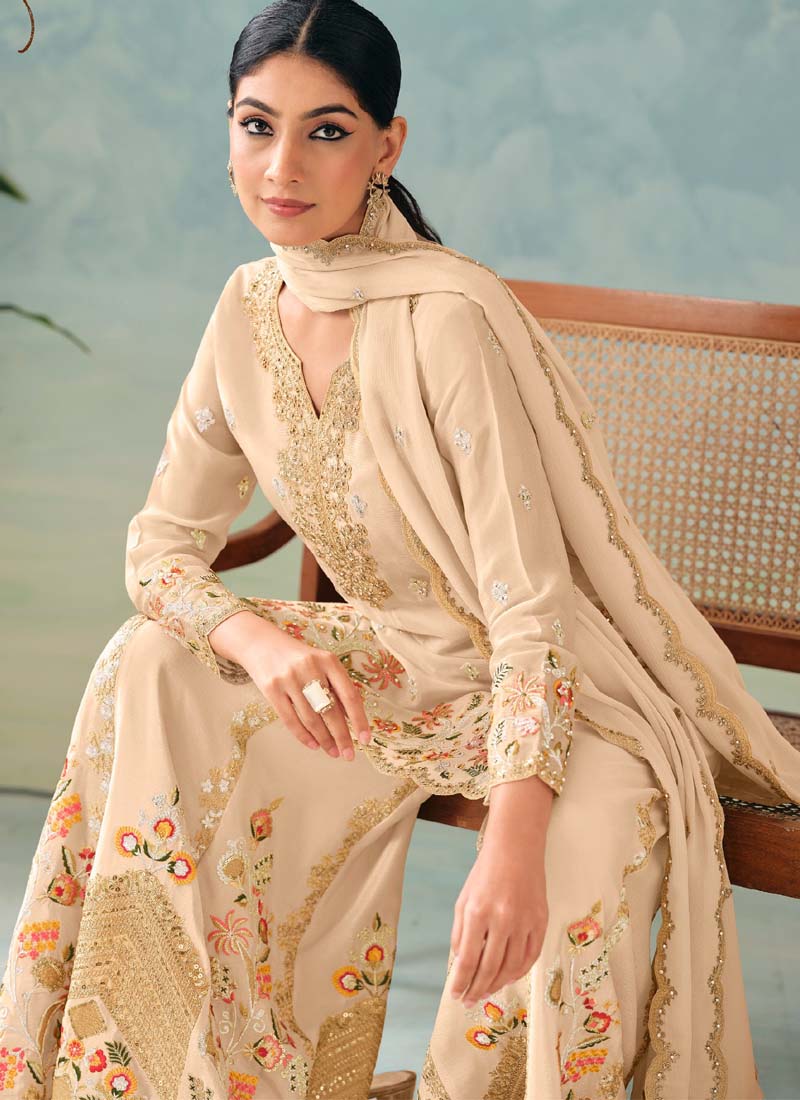 Cream Premium Chinon Embroidered Palazzo Suit Set