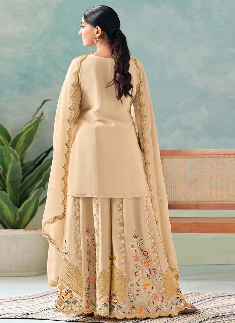 Cream Premium Chinon Embroidered Palazzo Suit Set