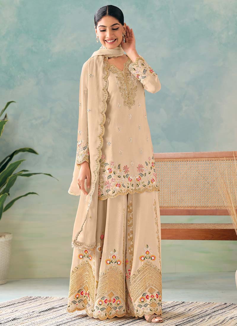 Premium cream chinon palazzo suit with heavy detailed embroidery