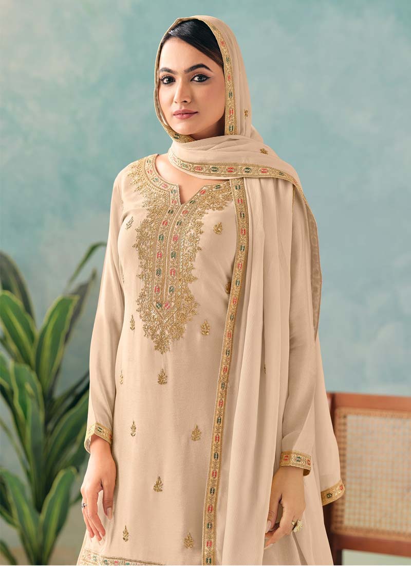 Cream Premium Chinon Embroidered Palazzo Suit for Women