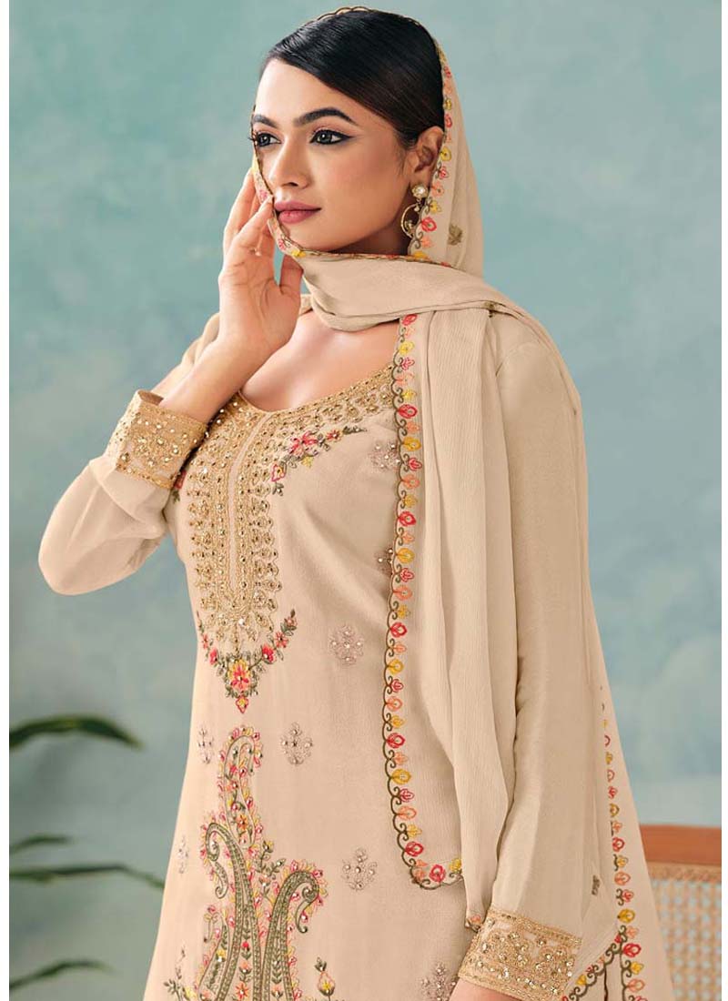Cream Premium Chinon Embroidered Palazzo Suit Set