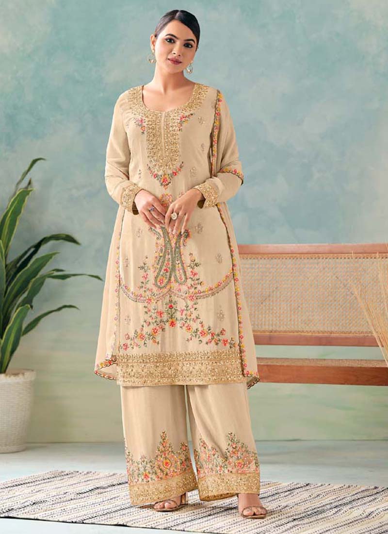 Premium cream chinon palazzo suit with heavy detailed embroidery