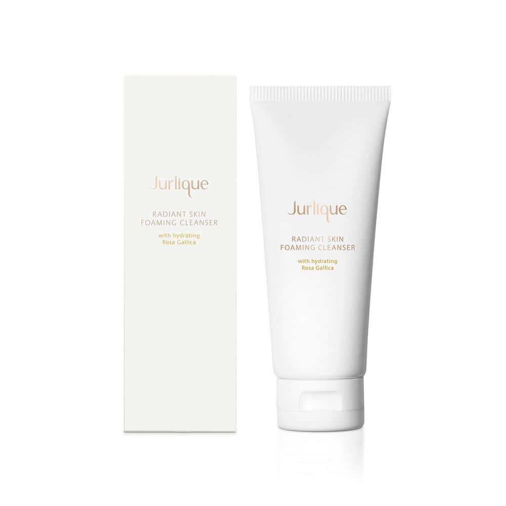 Jurlique Radiant Skin Foaming Cleanser in a white 3.3 OZ tube with gold text.