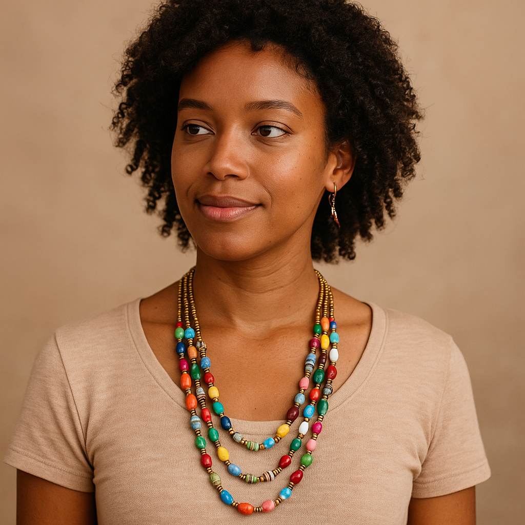 Artisanal multi-strand rainbow paper bead necklace with gold spacer accents