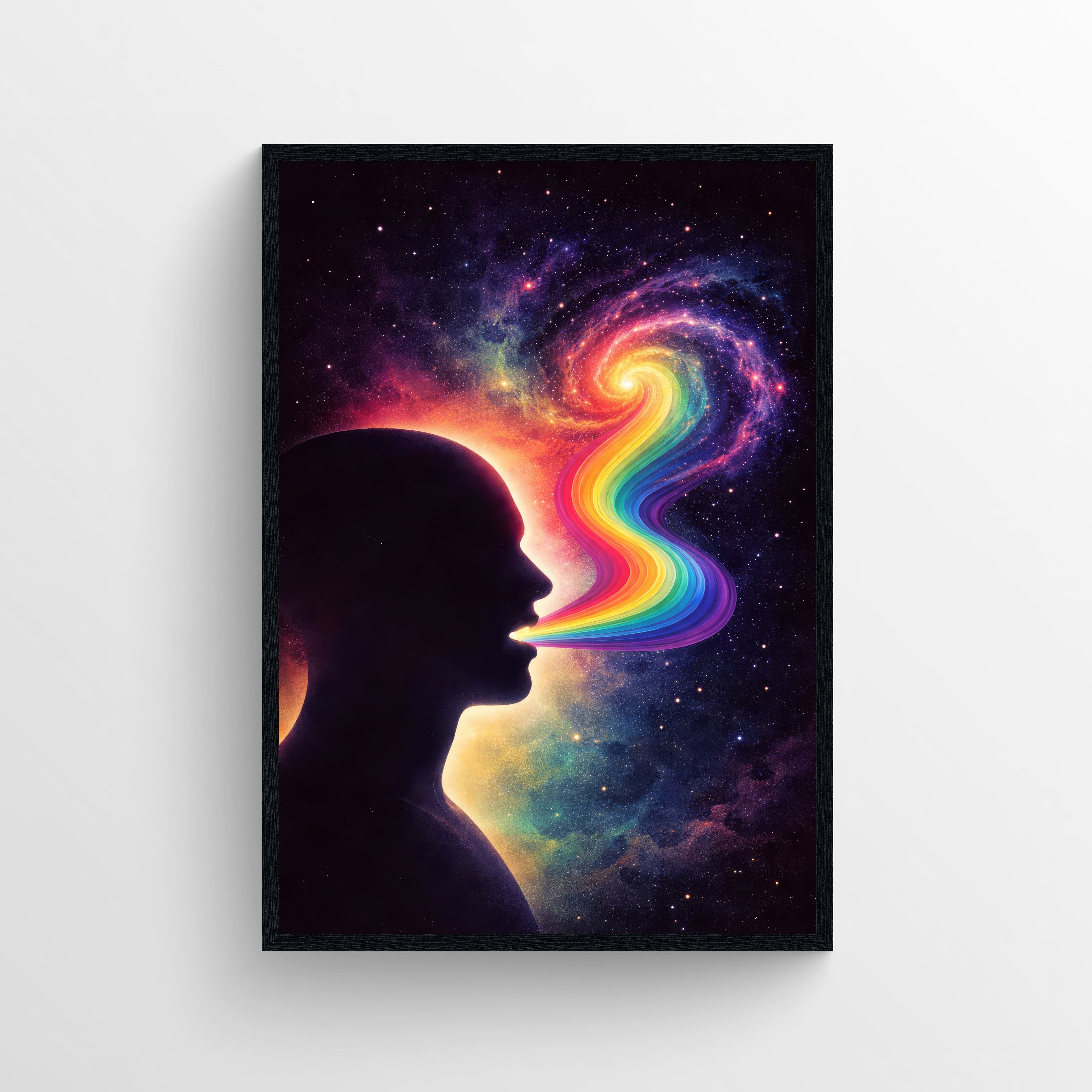 A surreal poster featuring a human silhouette exhaling a rainbow spiral into space.