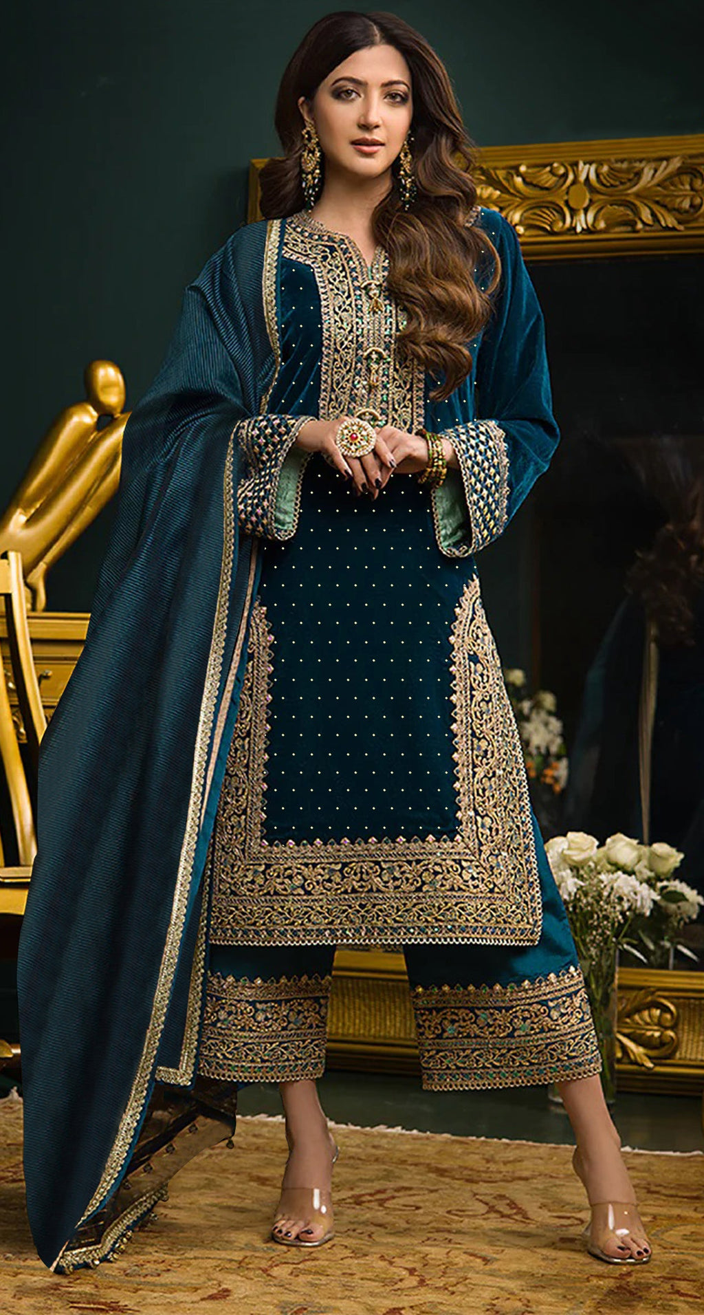 Rama velvet unstitched salwar suit material with intricate embroidery and a pure Chinon dupatta