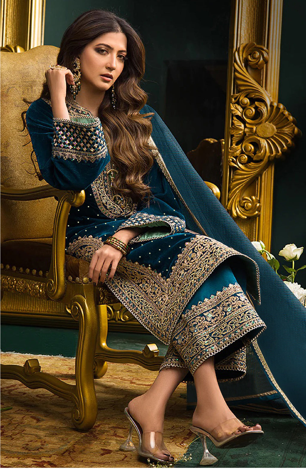 Rama Velvet Embroidered Unstitched Salwar Suit Material with Chinon