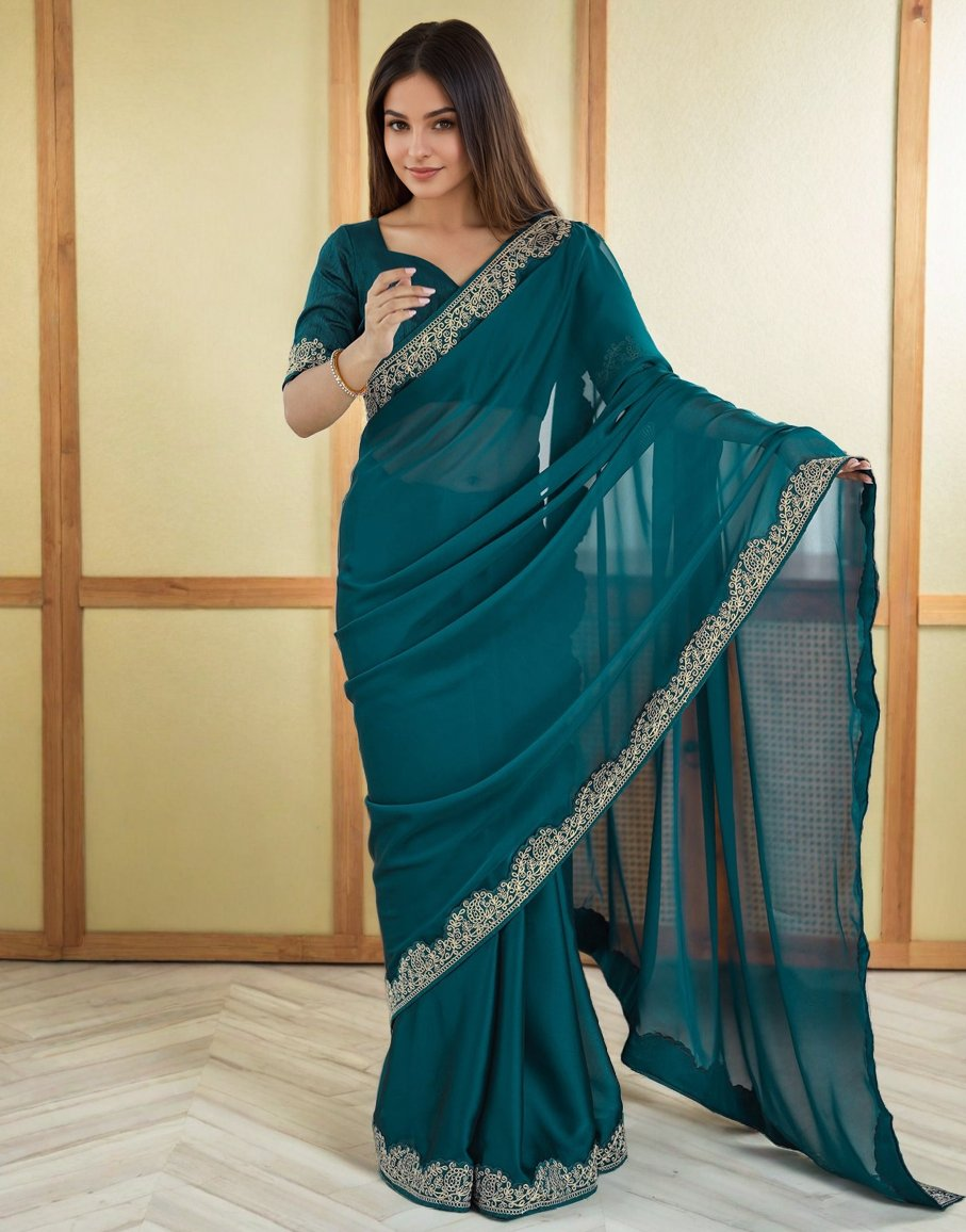 Lorenvalley Fashion Rama Rangoli Silk with Coding Lace Work Saree with Blouse