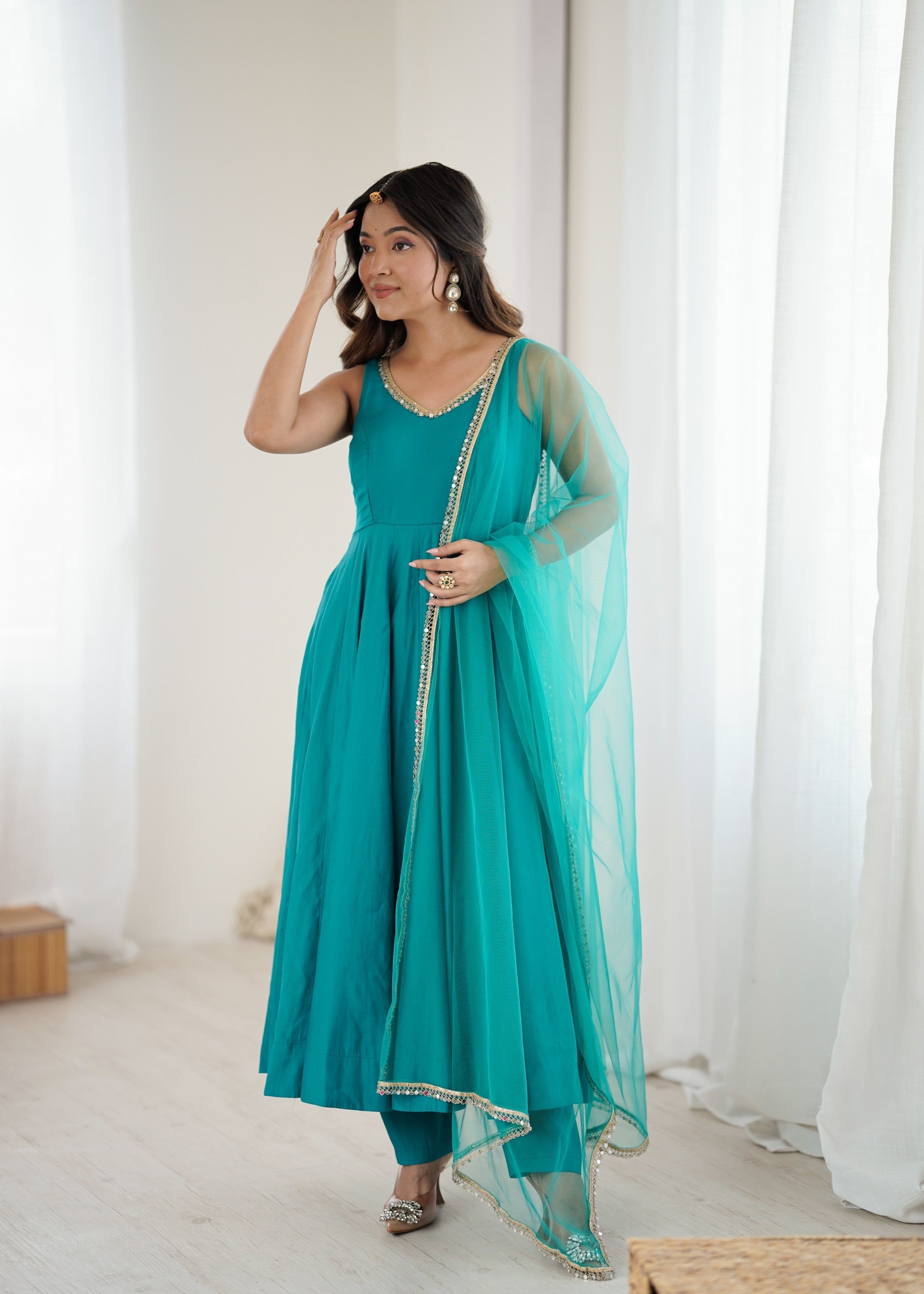 Rama Pure Roman Silk Chanderi Anarkali Kurta Set with Lace Work