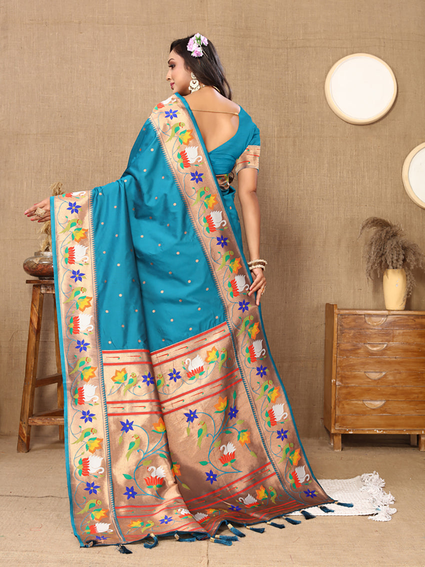 Rama Teal Paithani Silk Saree with Rich Zari Meenakari Weaving