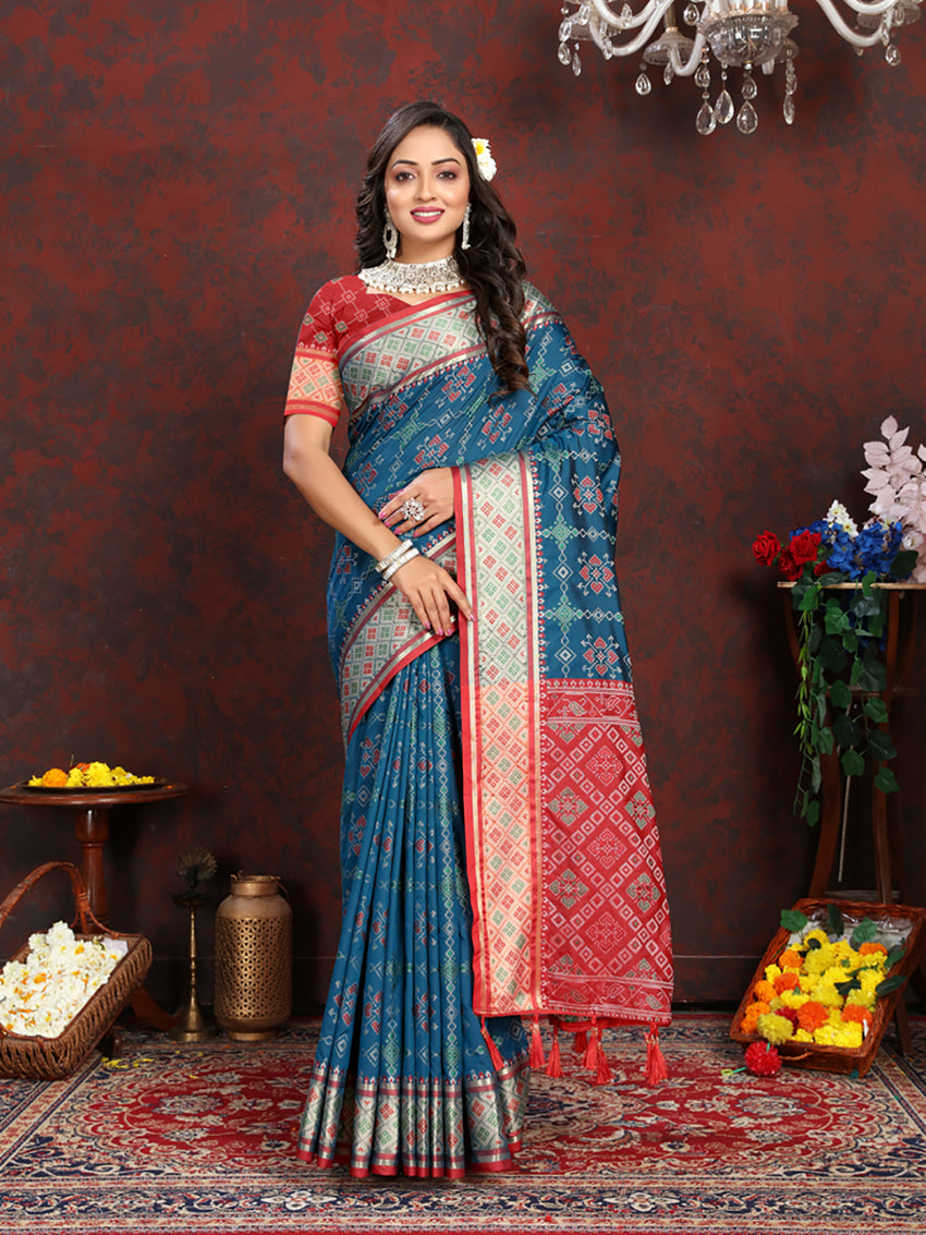 Rama Patola silk saree with geometric patterns and Zari Meenakari weaving