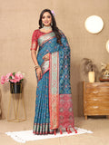 Rama colored Patola silk saree with intricate gold Zari Meenakari weaving and pallu detail