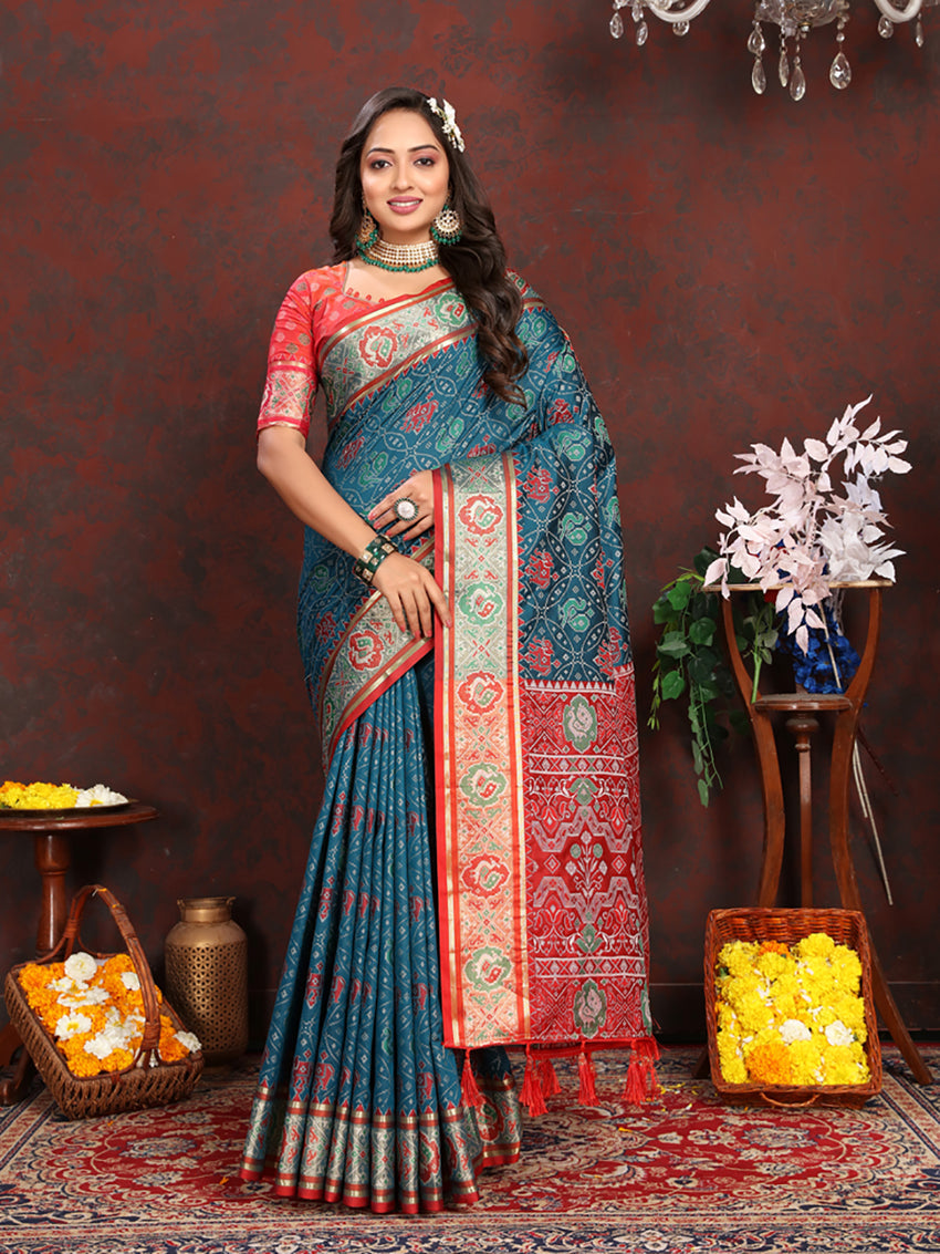 Rama color Patola silk saree with gold Zari Meenakari weaving motifs and geometric patterns