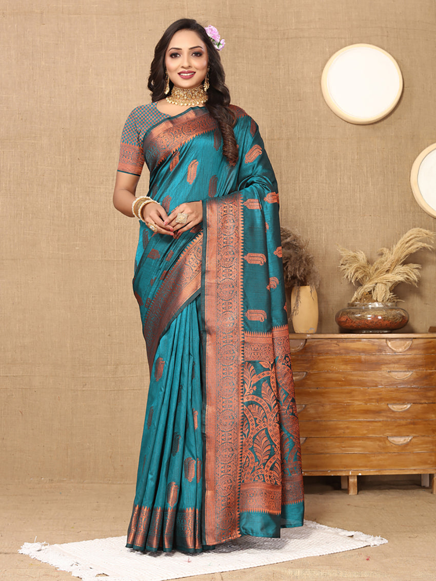 Rama teal soft katan silk saree with metallic copper zari weaving and ornate pallu