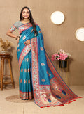 Rama soft Paithani silk saree in teal and red with gold Meenakari Zari pallu
