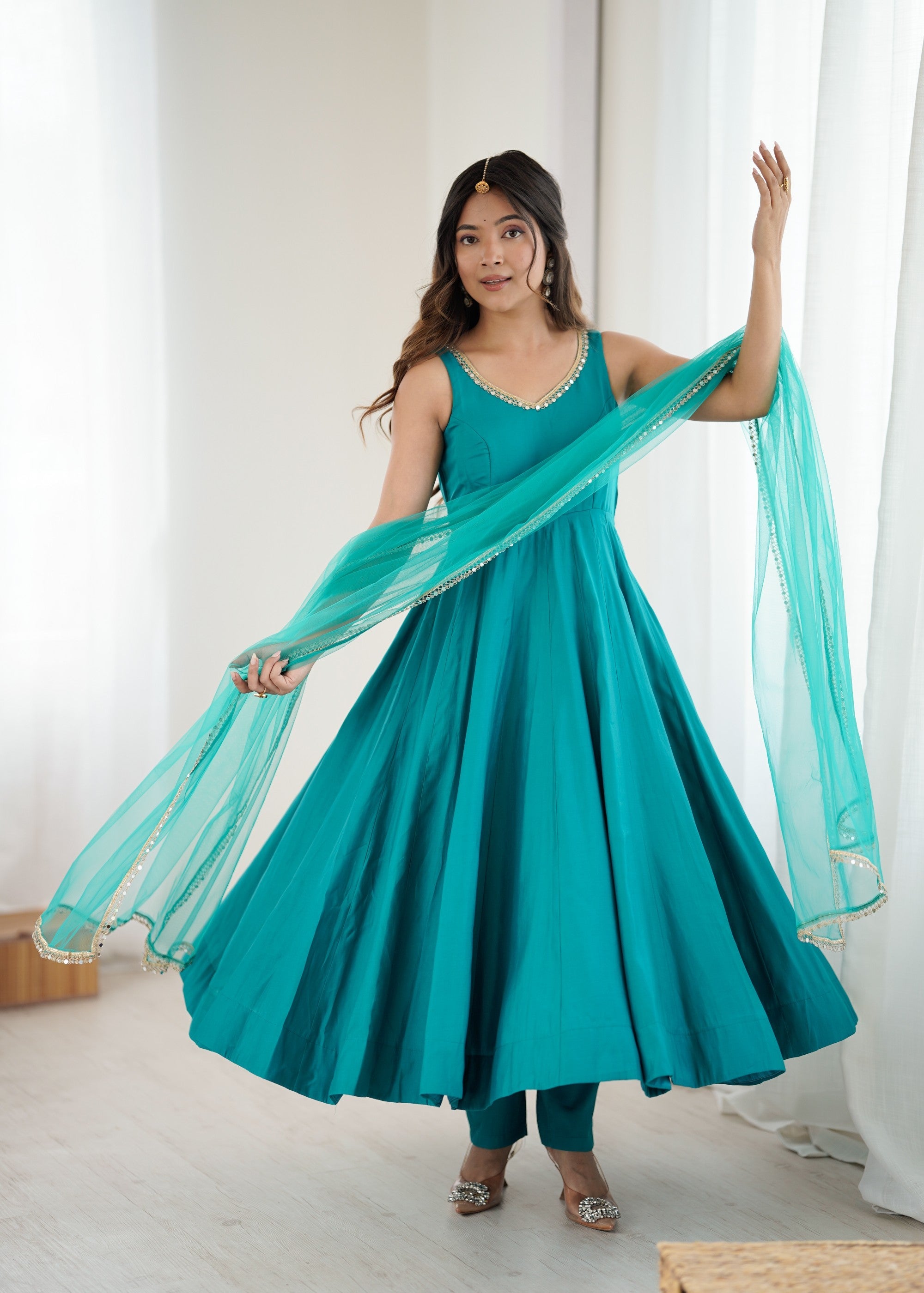 Rama Pure Roman Silk Chanderi Anarkali Kurta Set with Lace Work