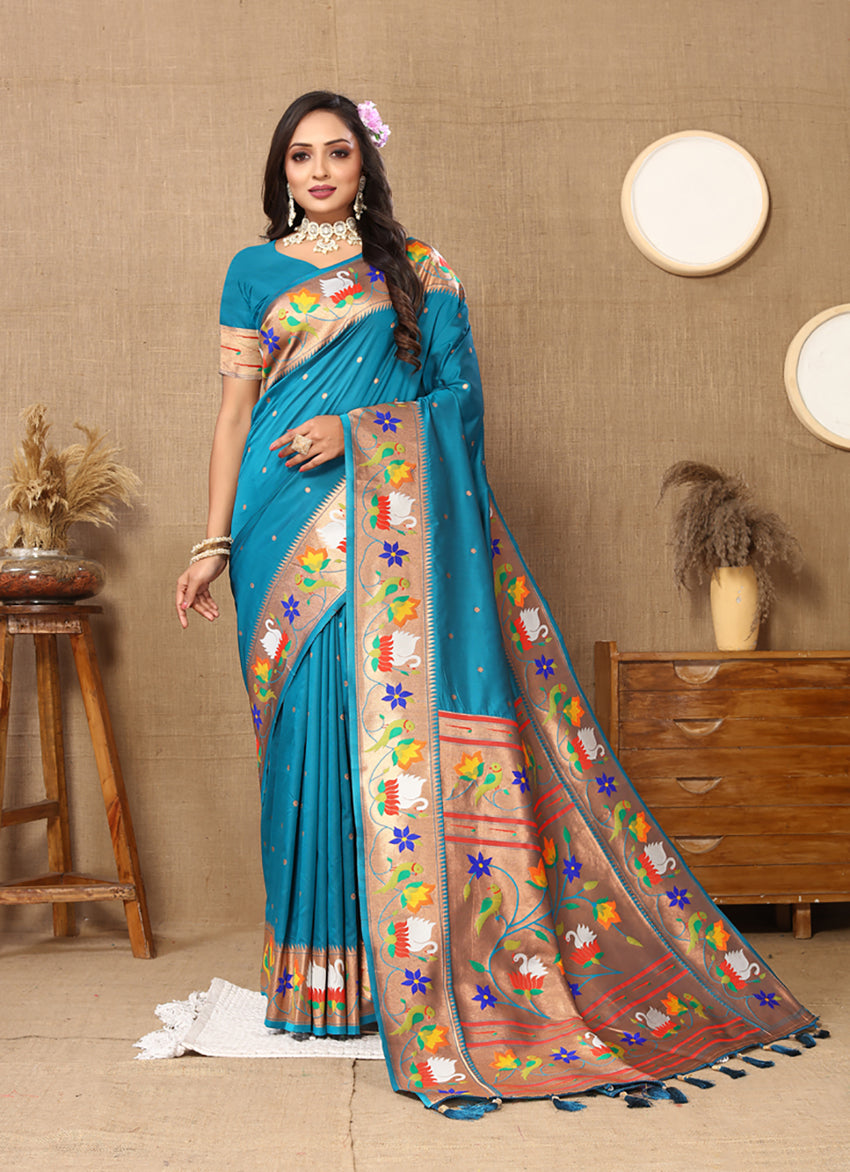 Rama Teal Paithani Silk Saree with Rich Zari Meenakari Weaving
