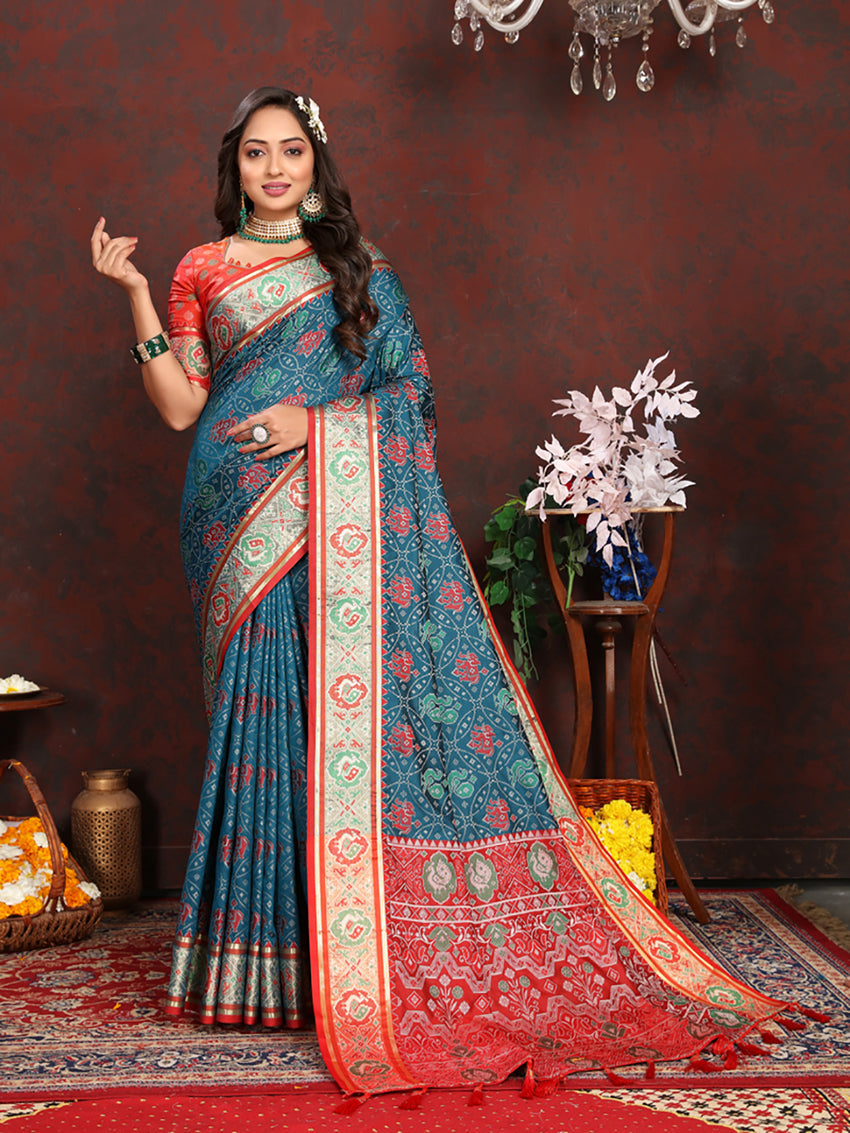 Rama Patola Silk Saree with Zari Meenakari Geometric Weaving