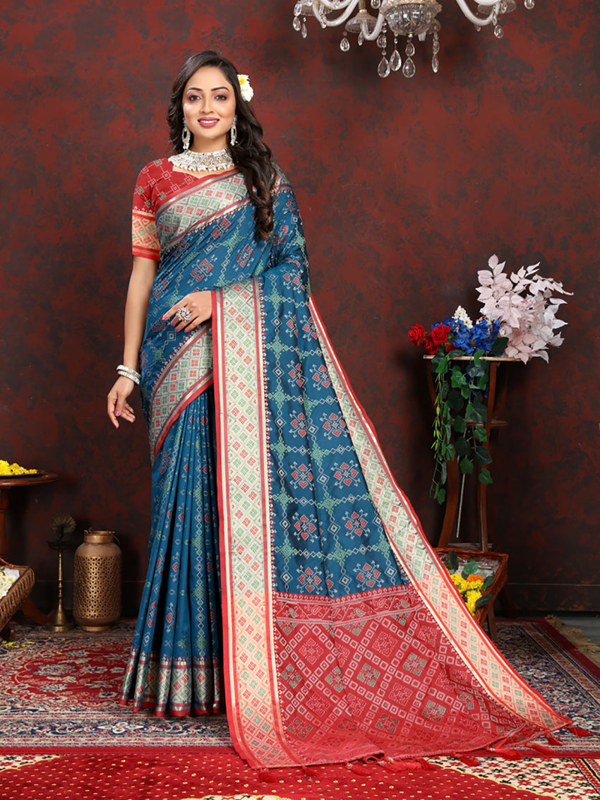 Rama Patola Silk Saree with Geometric Zari Meenakari Pallu
