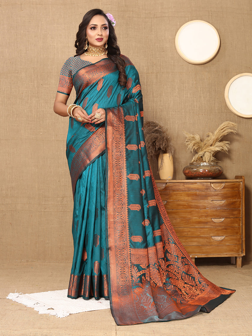 Rama Soft Katan Silk Saree with Copper Zari Weaving and Pallu