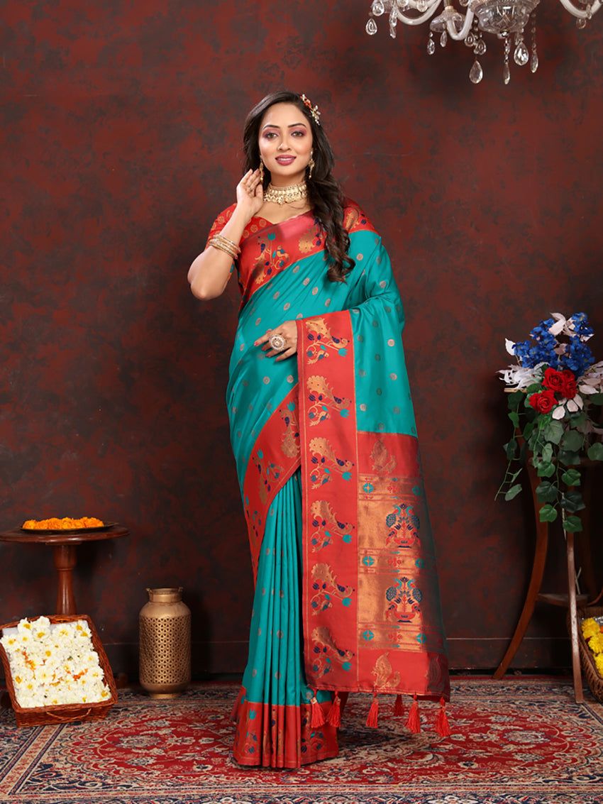 Rama Soft Paithani Silk Saree with Rich Zari Meenakari Weaving