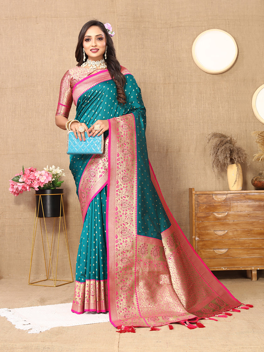 Rama Soft Silk Saree with Rich Zari Weaving and Contrast Border