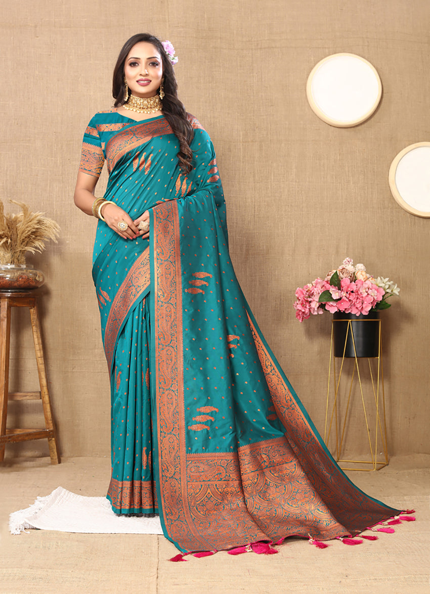 Rama Soft Silk Saree with Copper Zari Weaving and Rich Pallu
