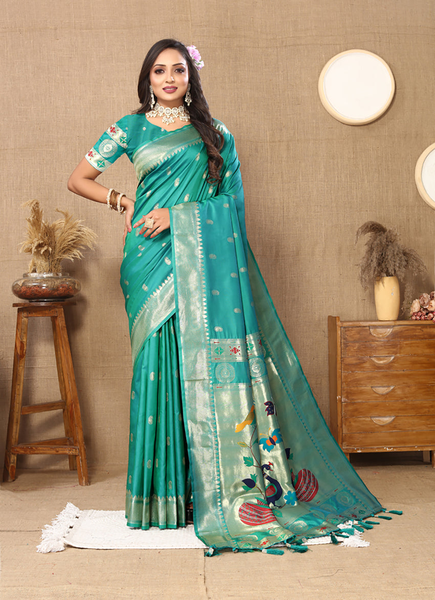 Rama Soft Paithani Silk Saree with Zari Meenakari Weaving