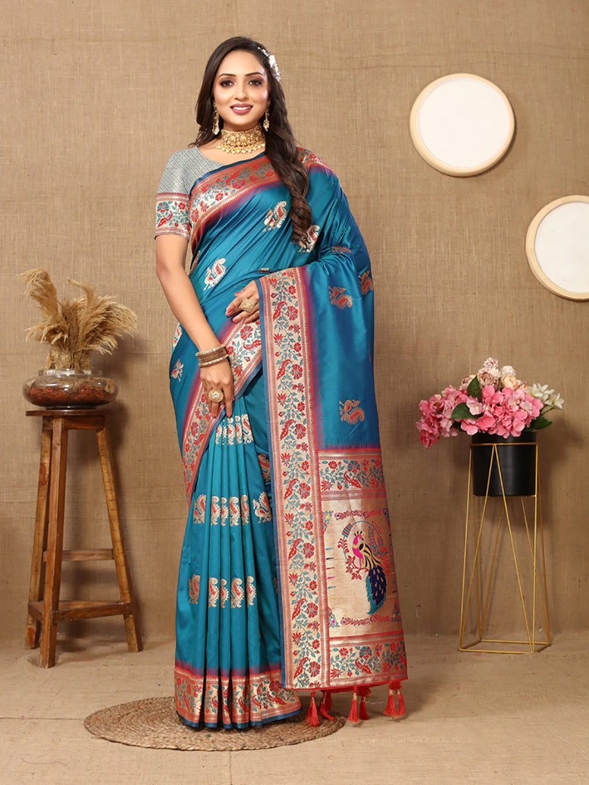 Rama Soft Paithani Silk Saree with Rich Meenakari Zari