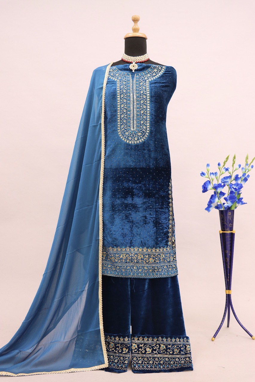 Rama Velvet Embroidered Unstitched Salwar Suit Material with Chinon
